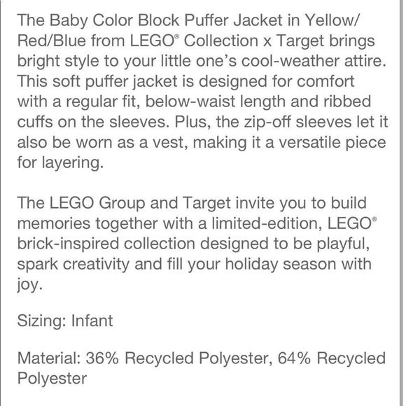 LEGO Collection x Target Baby Color Block Puffer Jacket / Vest | Limited… - Picture 5 of 6